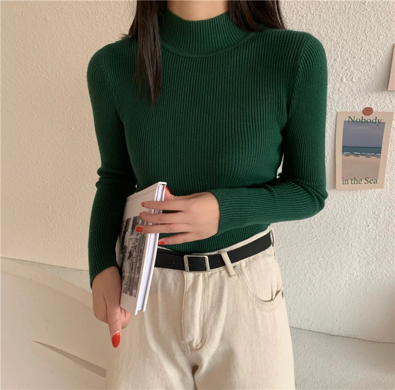 Autumn Winter Women Long Sleeve Turtleneck Elasticity Casual Jumper Pull Sweaters Office Pullover Korean Female Top Shirts