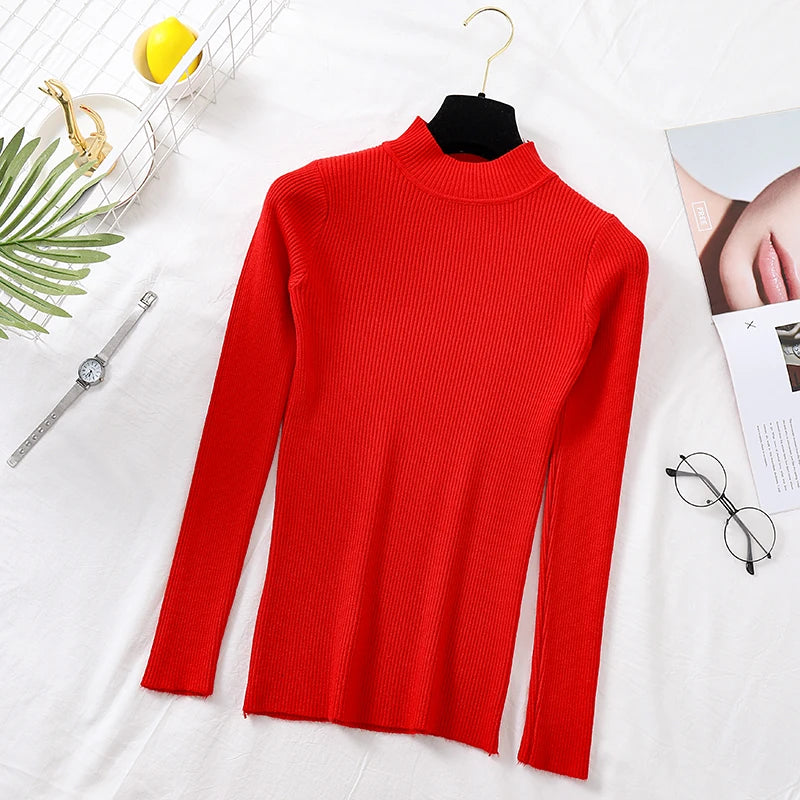 Autumn Winter Women Long Sleeve Turtleneck Elasticity Casual Jumper Pull Sweaters Office Pullover Korean Female Top Shirts