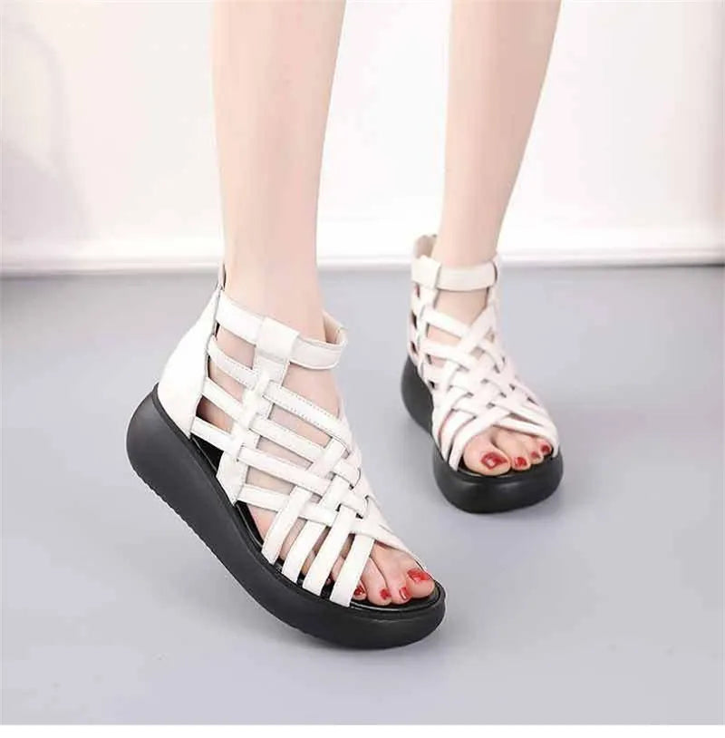 BEYARNE Genuine Leather Summer Shoes Wedges Sandals Women Gladiator Sandals Vintage Open Toe Cross Platform Sandals Female