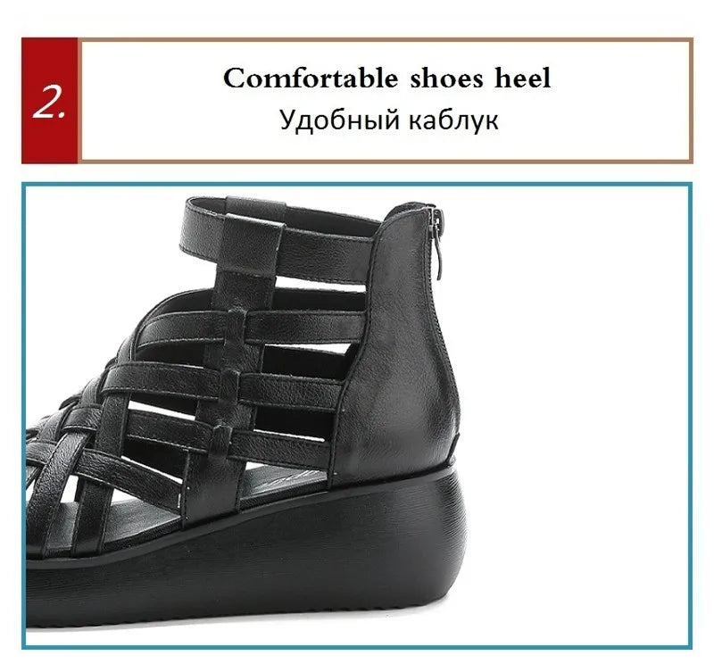 BEYARNE Genuine Leather Summer Shoes Wedges Sandals Women Gladiator Sandals Vintage Open Toe Cross Platform Sandals Female