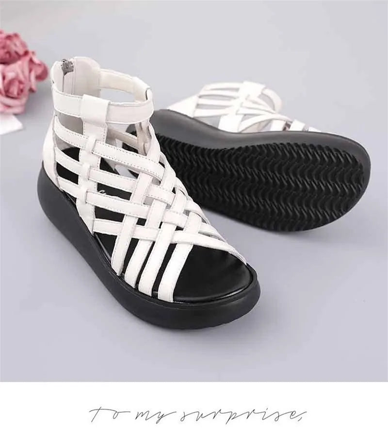 BEYARNE Genuine Leather Summer Shoes Wedges Sandals Women Gladiator Sandals Vintage Open Toe Cross Platform Sandals Female