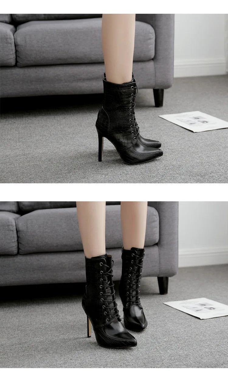 Snakeskin grain Ankle Boots For Women High heels Fashion Pointed toe Ladies Sexy shoes 2021 New Lace-Up Bootswf76