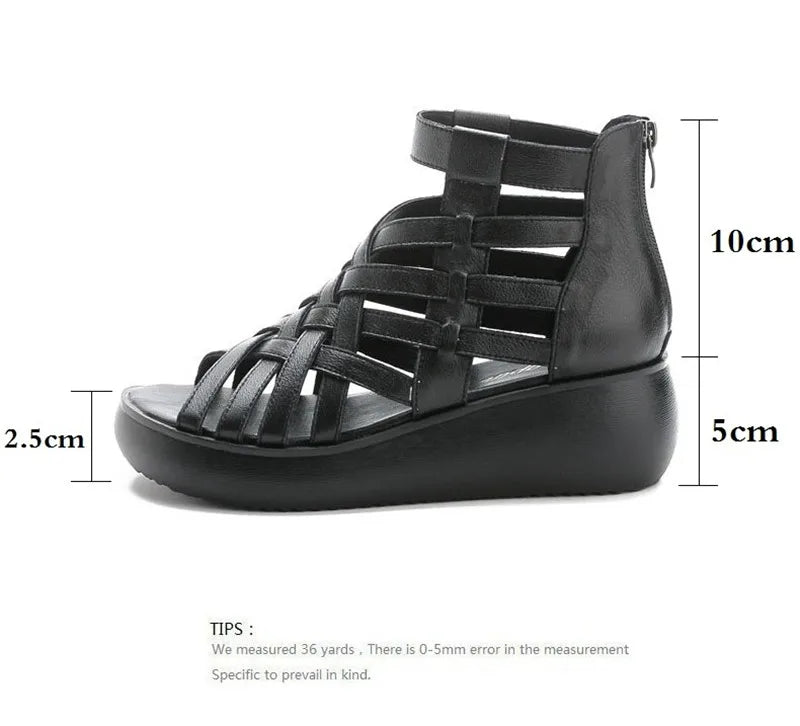 BEYARNE Genuine Leather Summer Shoes Wedges Sandals Women Gladiator Sandals Vintage Open Toe Cross Platform Sandals Female