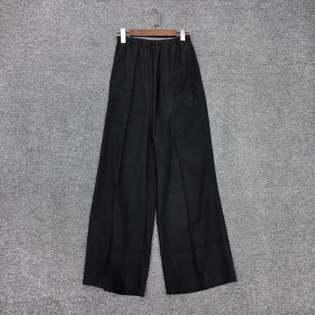 Women 2025 Summer Simple New Style Linen Blend Drawstring High Waist Wide-leg Trousers