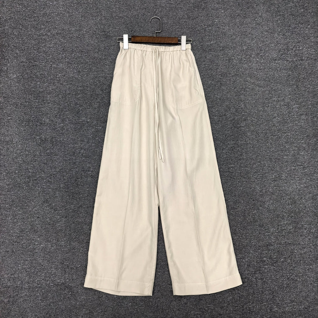 Women 2025 Summer Simple New Style Linen Blend Drawstring High Waist Wide-leg Trousers