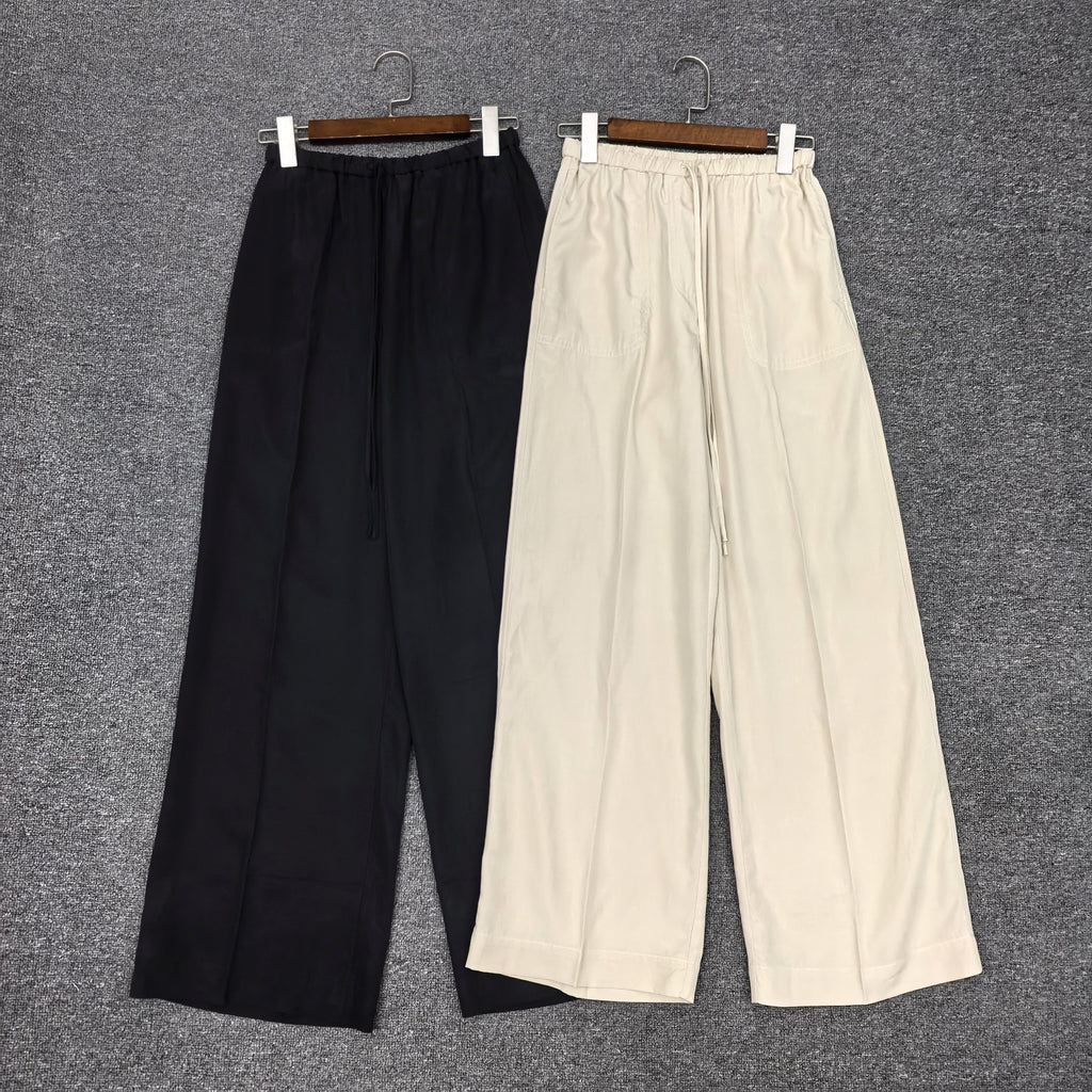 Women 2025 Summer Simple New Style Linen Blend Drawstring High Waist Wide-leg Trousers