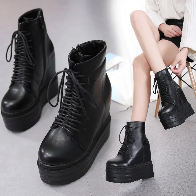 14CM Punk Style Wedges Ankle Boots Black Rubber Sole Shoes Platform Boots Women Lacing Autumn Sexy Lady Platform Heels Shoes