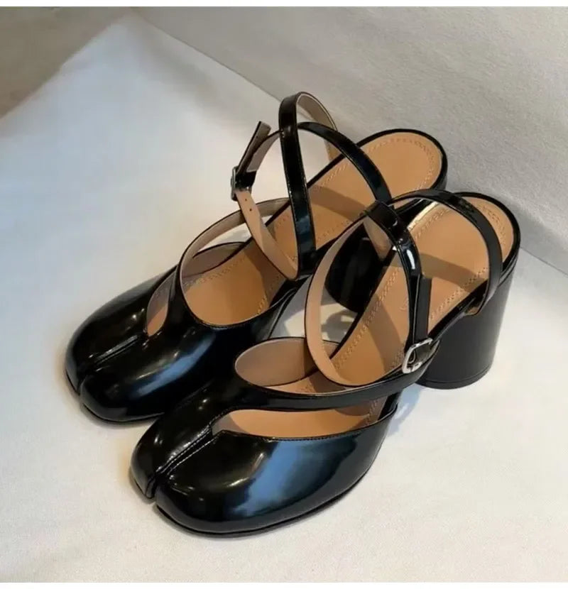 Ins style Fashion Patent Leather Split Toe Women Pumps Spring Summer Thick High heels Slingbacks Female Tabi Chunky Casual Shoes