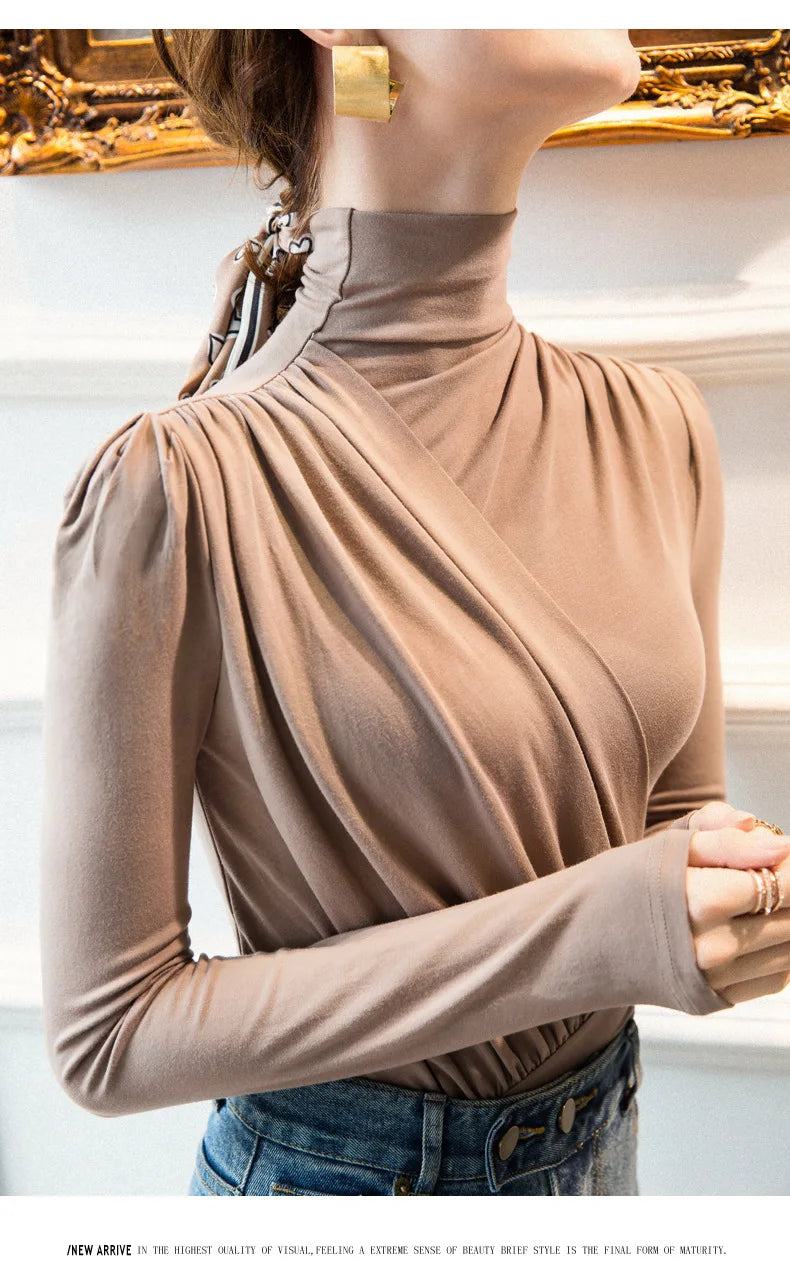 EVNISI Women Casual Thickening Warm Shirt Elegant Office Long Sleeved T-shirt Mock Neck Women Bottoming Tops 2024 Autumn Winter