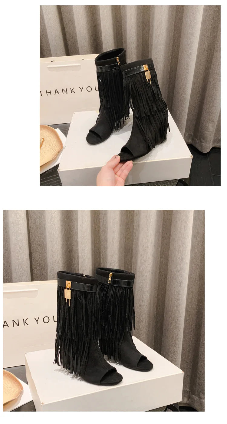 Designer Fringe Wedges Boot Sandals Woman High Heels Open Toe Party Prom Shoes 2025 Sexy Zipper Female Pumps Women Boots