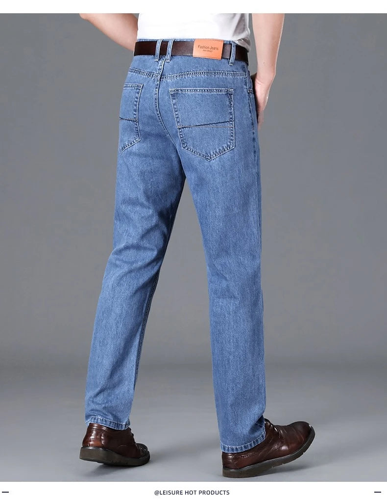 100% Cotton Men's Brand Thin Business Jeans Straight Slim Classic Male Trousers Fashion Casual Breathable Summer Denim Pants