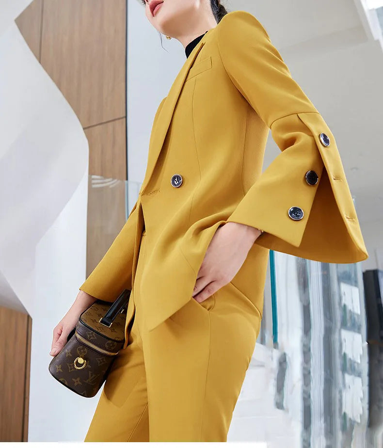 Yitimuceng Slim Blazers for Women 2024 Office Ladies New Fashion Long Sleeve Coats Solid Lapel Double Breasted Pant Suits