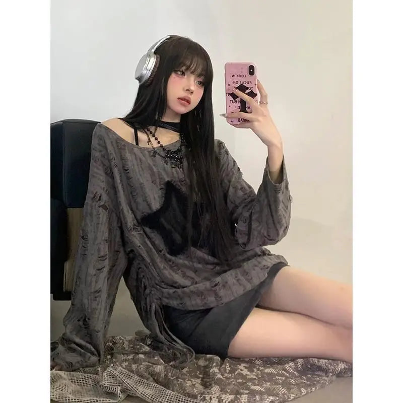 New 2025 Japanese Sle Dstring Spicy Girl T-irt Women's Spring Autumn Star Hole Loose Long Sve Top Fem Faion