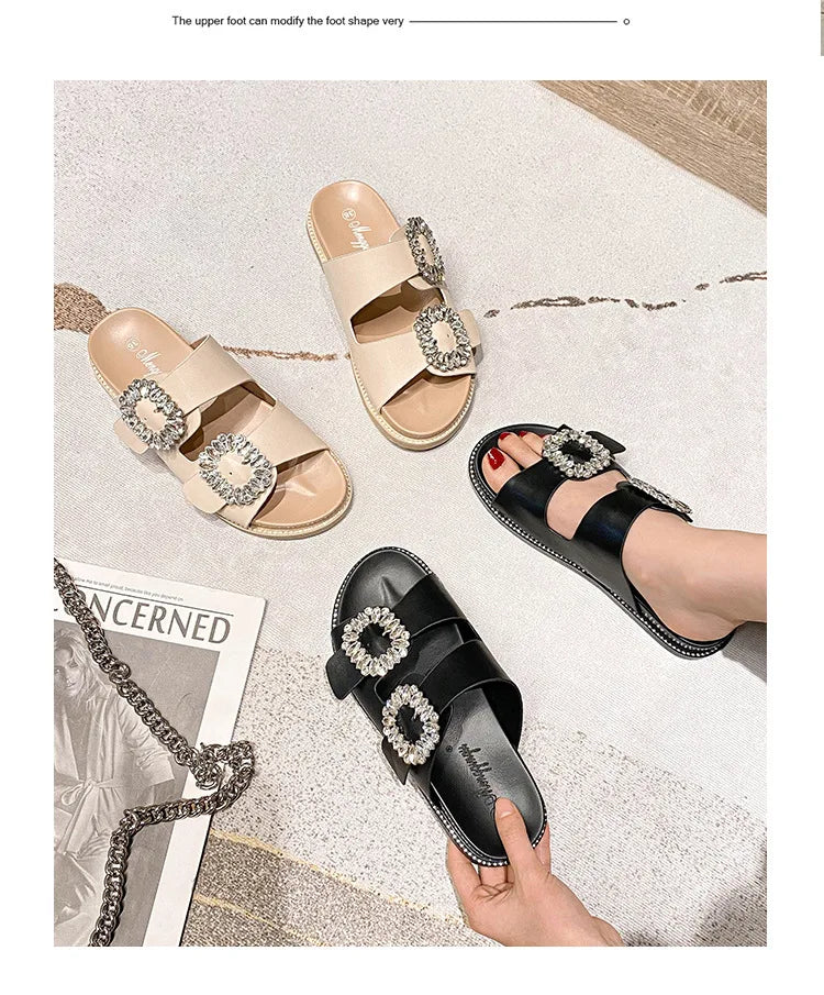 2025 Brand Rhinestone Buckle Sandals Women Double Band Slippers Crystal Shoes Ladies Casual Slides Slip On Flat Heels Flip Flops