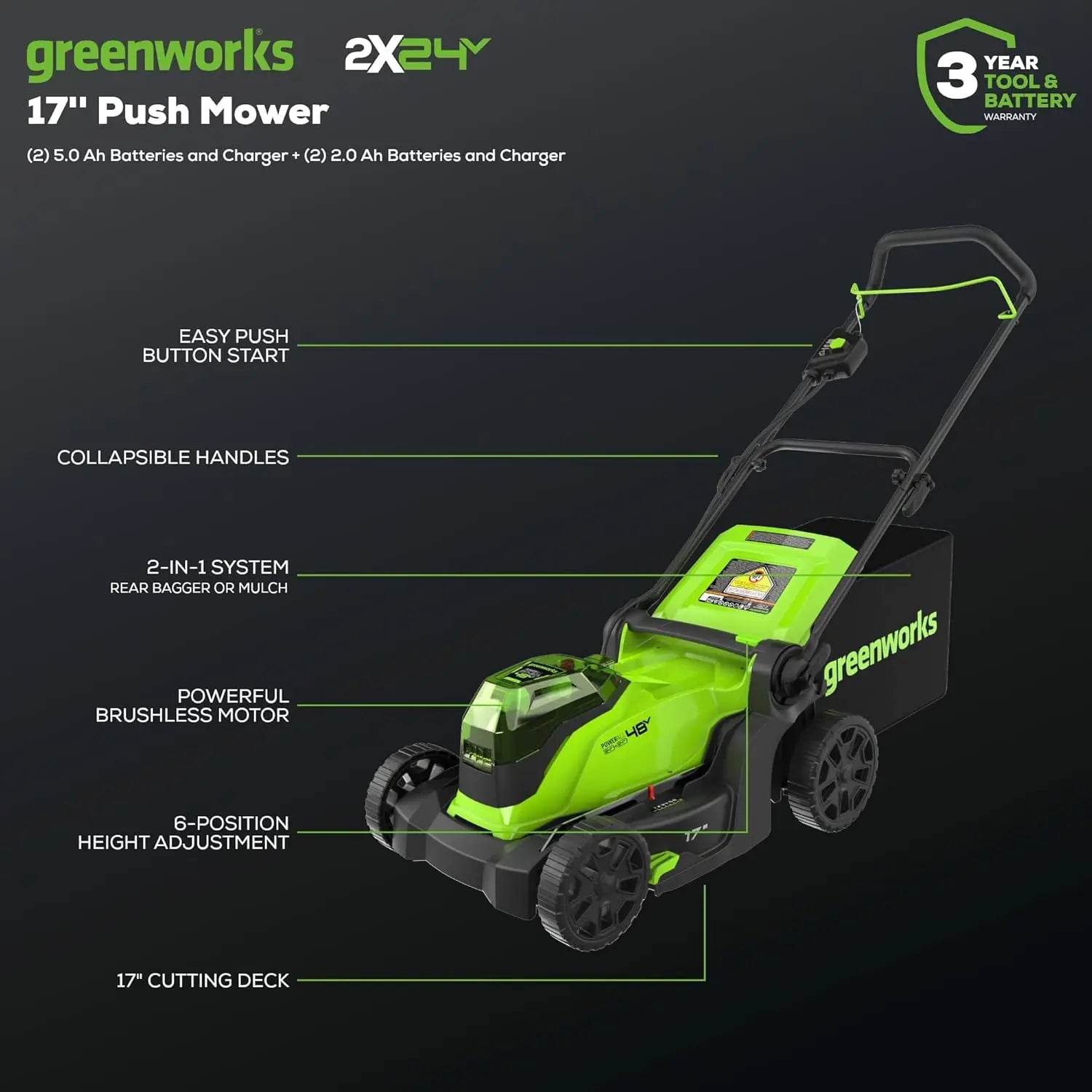 Greenworks 48V (2X24V) 17"" Brushless Mower+12"" String Trimmer+320Cfm Blower+310 In./Lbs Drill Driver, (2) 4.0Ah Batteries And