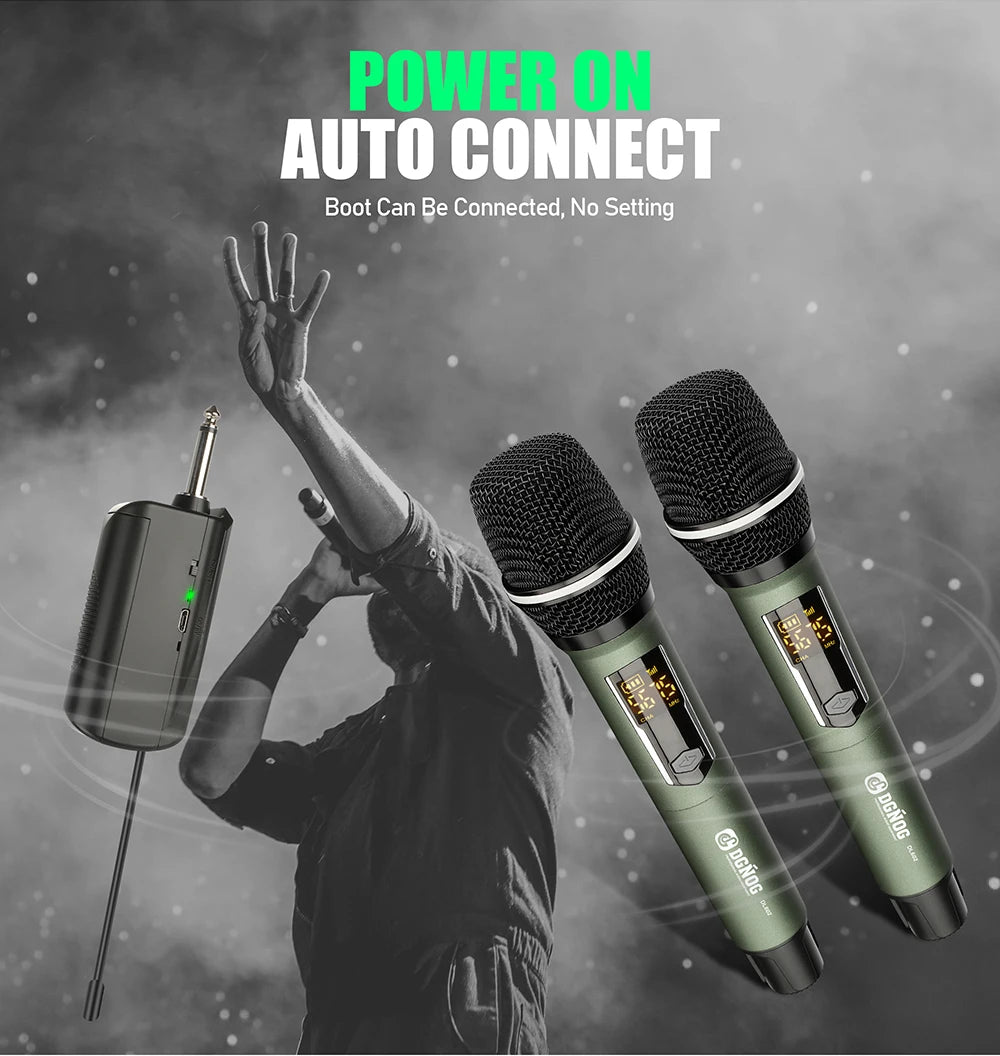 Rechargeable Battery Microphone 2 Channel UHF Wireless Microphone Dual Handheld Dynamic Adjust Frequency For Stage 200ft DL602