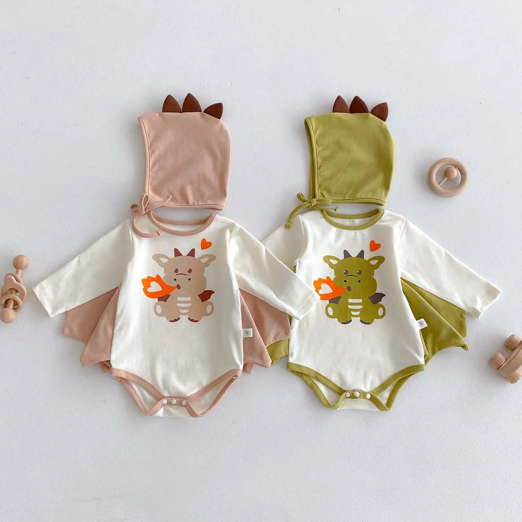 2024 Autumn New Korean Style Infant Onesie: Dragon Print Bodysuit with Hooded Design for Babies, Includes Hat