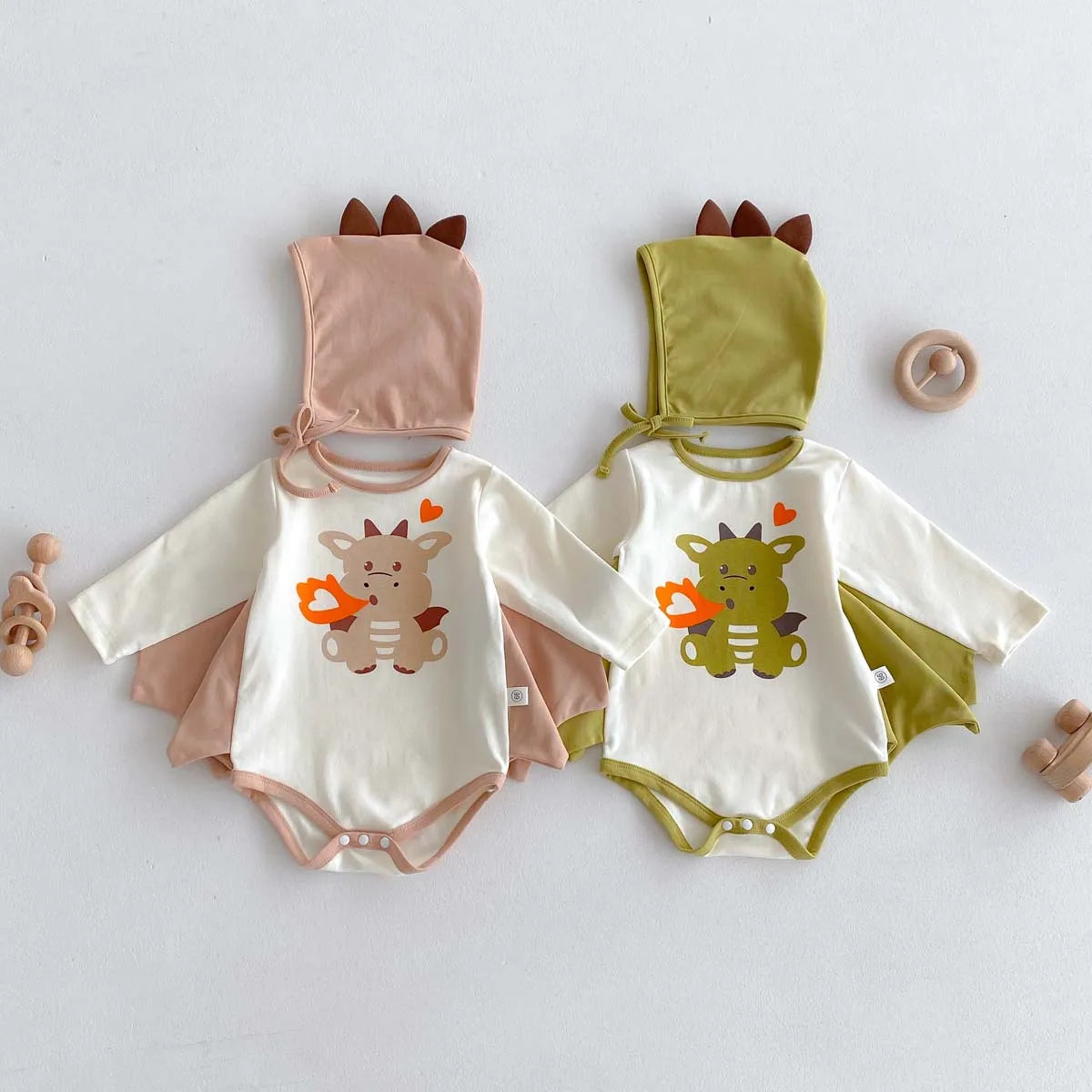 2024 Autumn New Korean Style Infant Onesie: Dragon Print Bodysuit with Hooded Design for Babies, Includes Hat