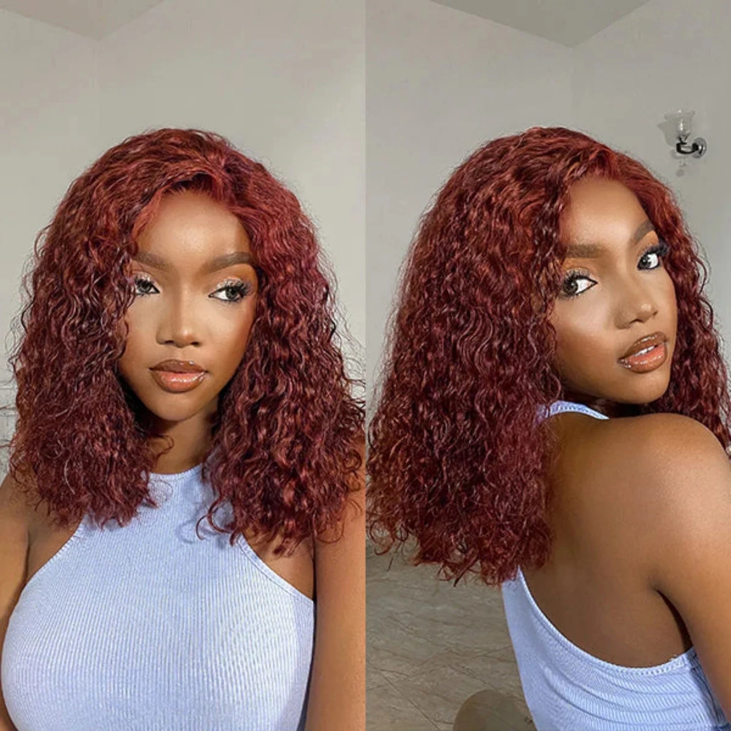 Reddish Brown Water Wave Glueless 7x5 Closure Lace Short Curly Wig 200% Density Burgundy 13x4 Lace Frontal Deep Wave Bob Wig