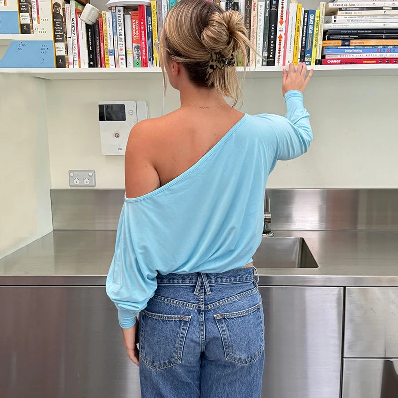 Oniflyme Inclined Shoulder Long Sleeve Crop Tops Women Fashion Streetwear Solid Off Shoulder Casual T-shirts Female Sexy Tee Top