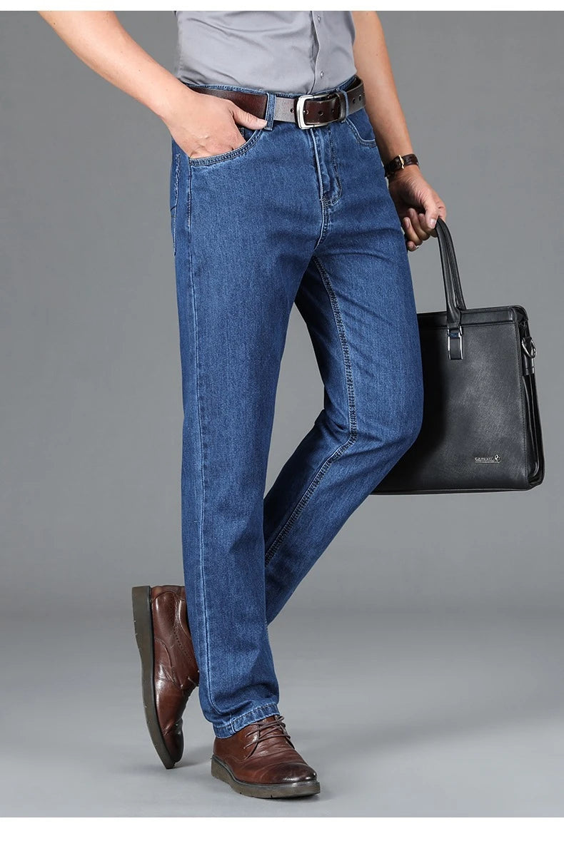100% Cotton Men's Brand Thin Business Jeans Straight Slim Classic Male Trousers Fashion Casual Breathable Summer Denim Pants