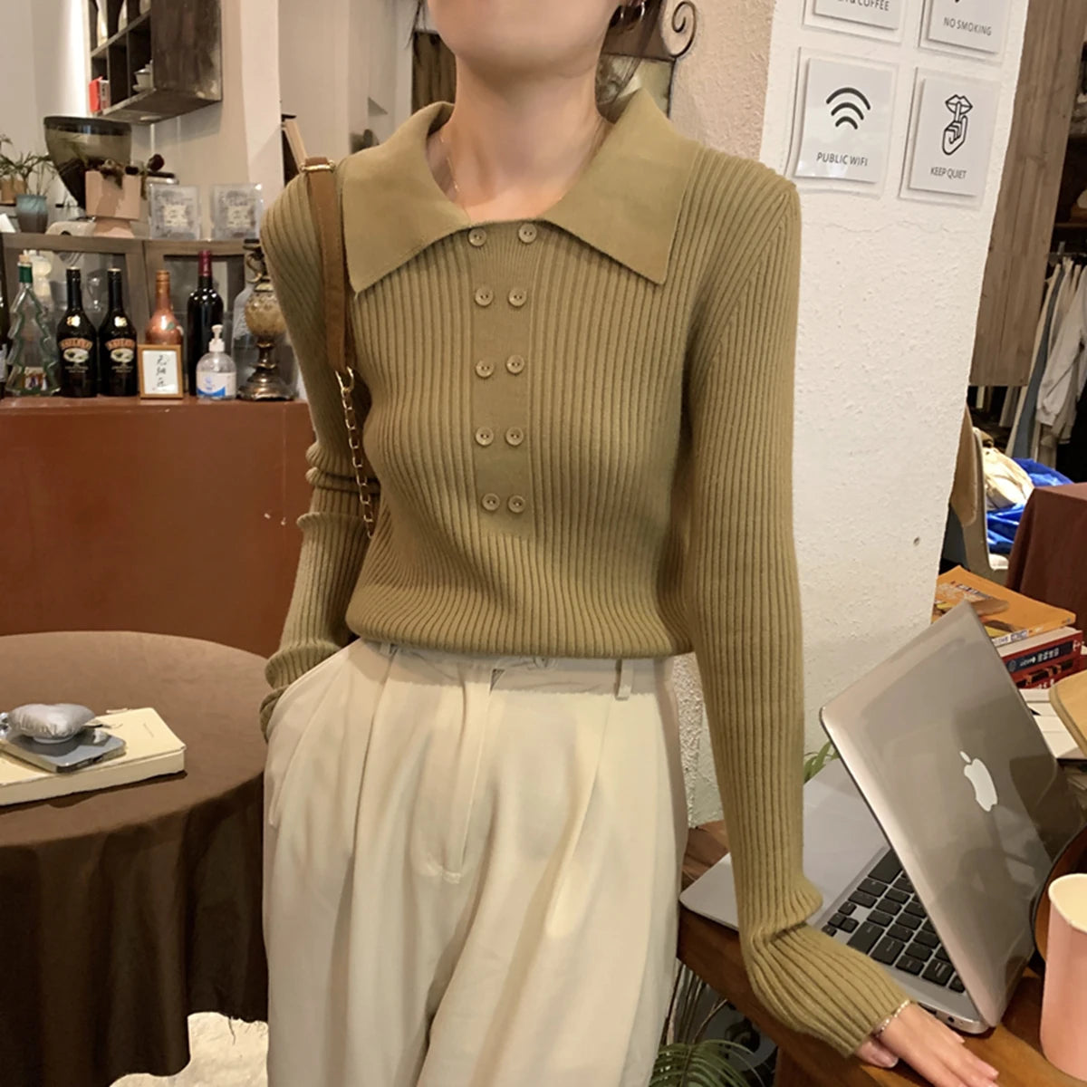 Turn-Down Collar Ribbed Pullover Sweater Women Autumn Winter Slim Long Sleeve Soft Warm Sweaters Ladies Knitted Tops