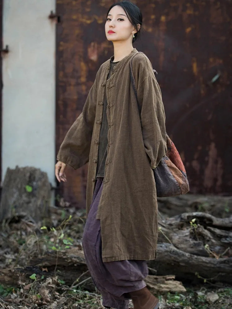 Women Casual Long Jackets New Arrival 2024 Autumn Vintage Style Stand Collar Solid Color Loose Female Cotton Linen Coats M244