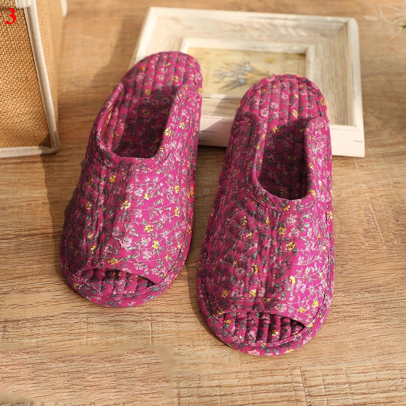 1 Pair Vintage Floral Home Slippers Spring Autumn Soft Cotton Toe Sole Slippers Women Flat Shoes Indoor Bedroom Slippers
