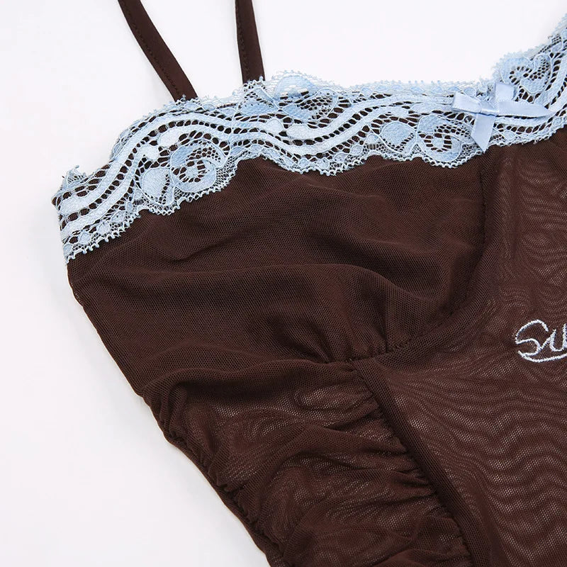 See Through Lingerie Sexy Slim Sleeveless Bodysuit Bow One-Pieces Corset Top Letter Embroidery Bustier Lace Lenceria Femenina