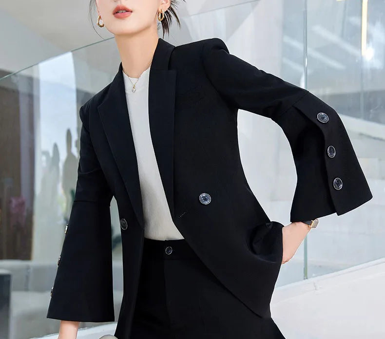Yitimuceng Slim Blazers for Women 2024 Office Ladies New Fashion Long Sleeve Coats Solid Lapel Double Breasted Pant Suits