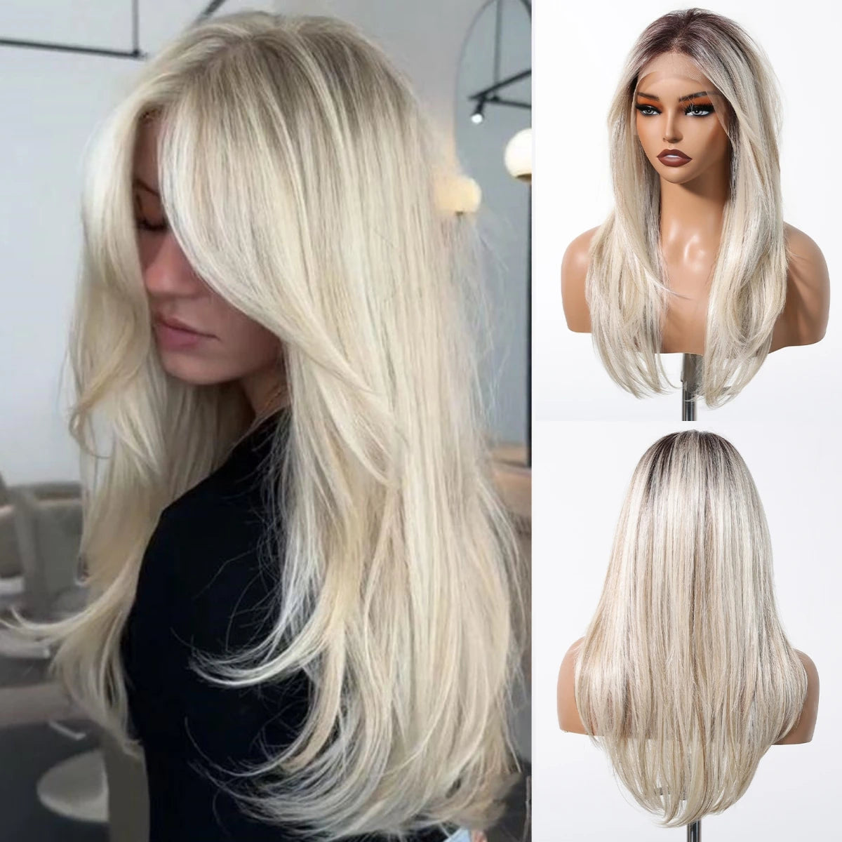 HD 13x6 Lace Frontal Wigs Ombre Brown Synthetic  Hair Long Straight Wigs Daily Use Party Wig for White Women Heat Resistant