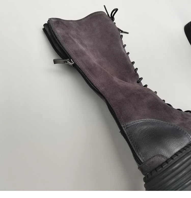 Autumn 2024 Shoes Long Noses Riding Boots Natural Leather Wide Toe Women's Boots Kne-High Cowhide Suede Single Lace-up booties