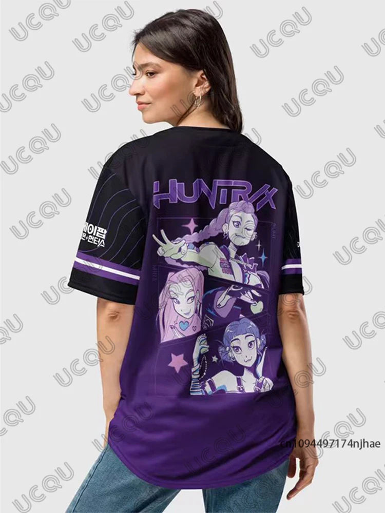 KPop Demon Hunters Derpy Tiger Baseball Jersey Couples For Women Men V-Neck Short Sleeve Shirts Casual Streetwear Button Up Tops