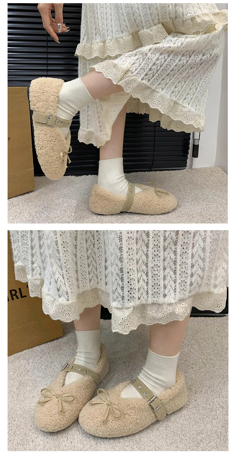 New Women's Shoes Woman Flats Low Heels Casual Female Sneakers Slip-on Loafers Fur Round Toe Shallow Mouth Boat Slip on Winter