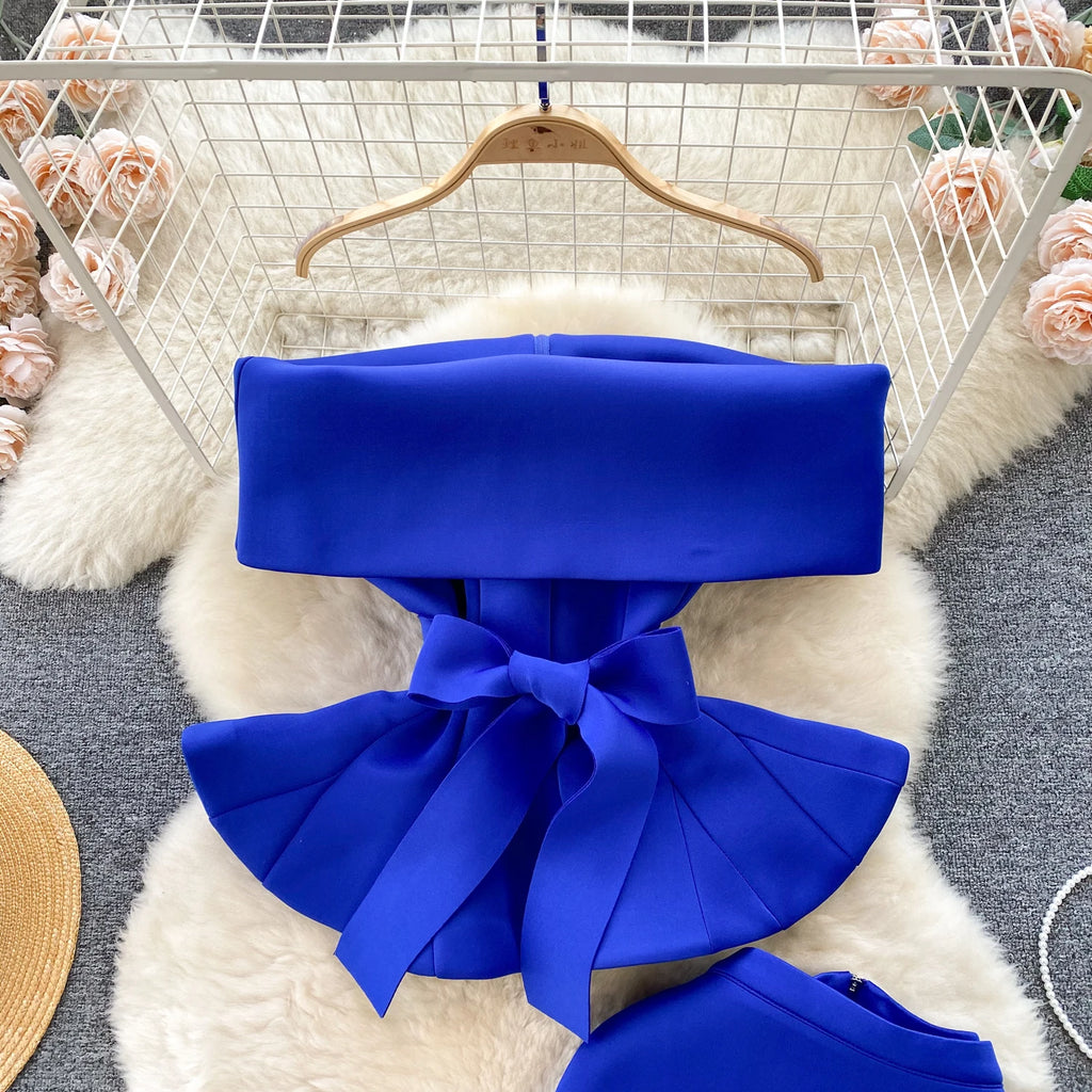 Sexy One-oulder Banded Waist Gown Set with Pleated Skirt Two-Piece Ensemble Courtly Sle Versatile Top f-length A-Line ...