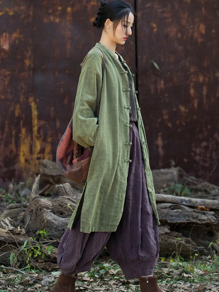 Women Casual Long Jackets New Arrival 2024 Autumn Vintage Style Stand Collar Solid Color Loose Female Cotton Linen Coats M244