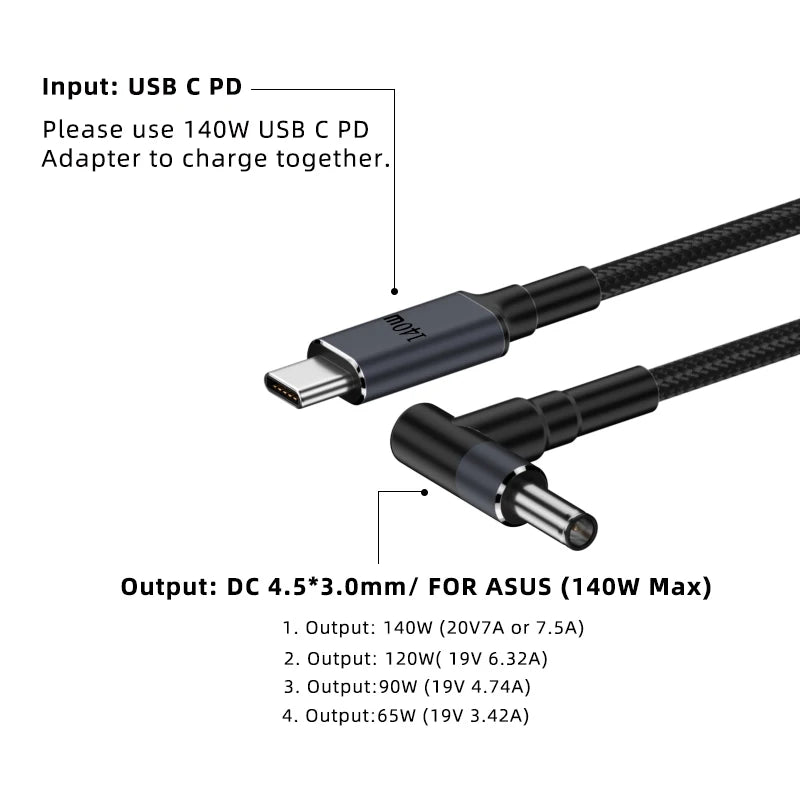 65W 90W 140W USB C PD to DC Universal Laptop Charger Cable for Asus Dell Hp 5.5X2.5 7.4X5.0 4.5X3.0mm DC Power Adapter Converter