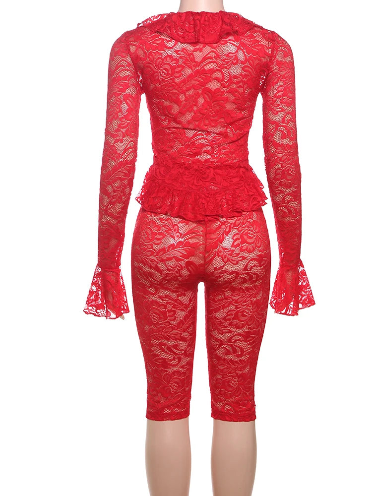 Weird Puss Jacquard Sexy Women 2 Piece Set Coquette Full Sleeve Ruffles Crop Tops+Bike Shorts Matching Clubwear Summer Outfits