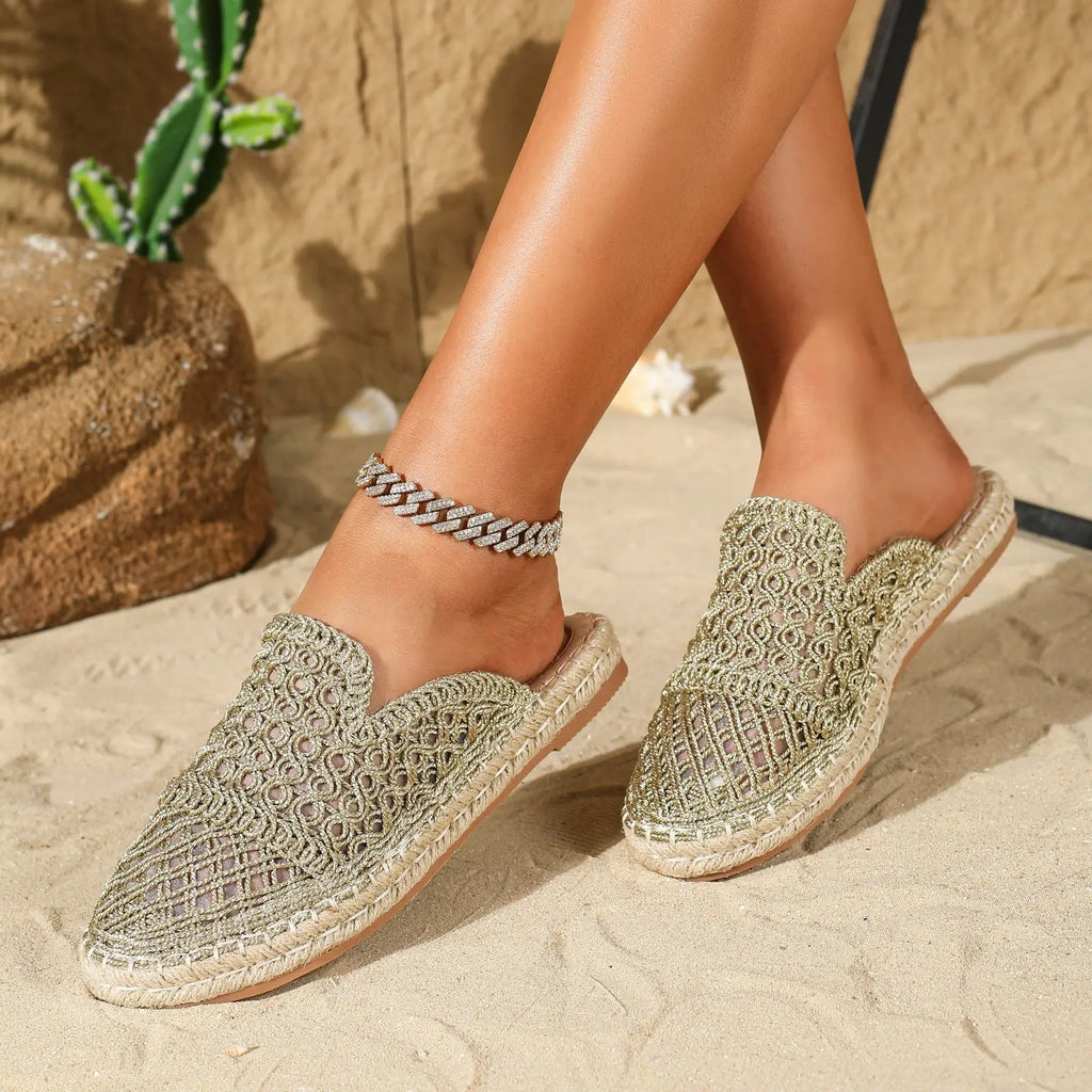 LIHUAMAO Slipper mesh espadrilles outdoor bohemian beach sandals ankle strap high heel pumps comfort csaual lady mule shoes