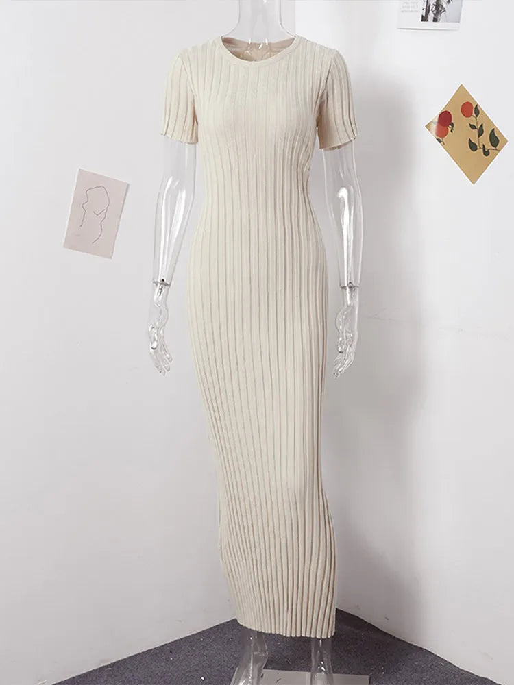 Knitted Women Long Dress Short Sleeve Pleated Lady Dresses 2024 Fashion Autumn Winter Hip Package O Neck Female Vestidos