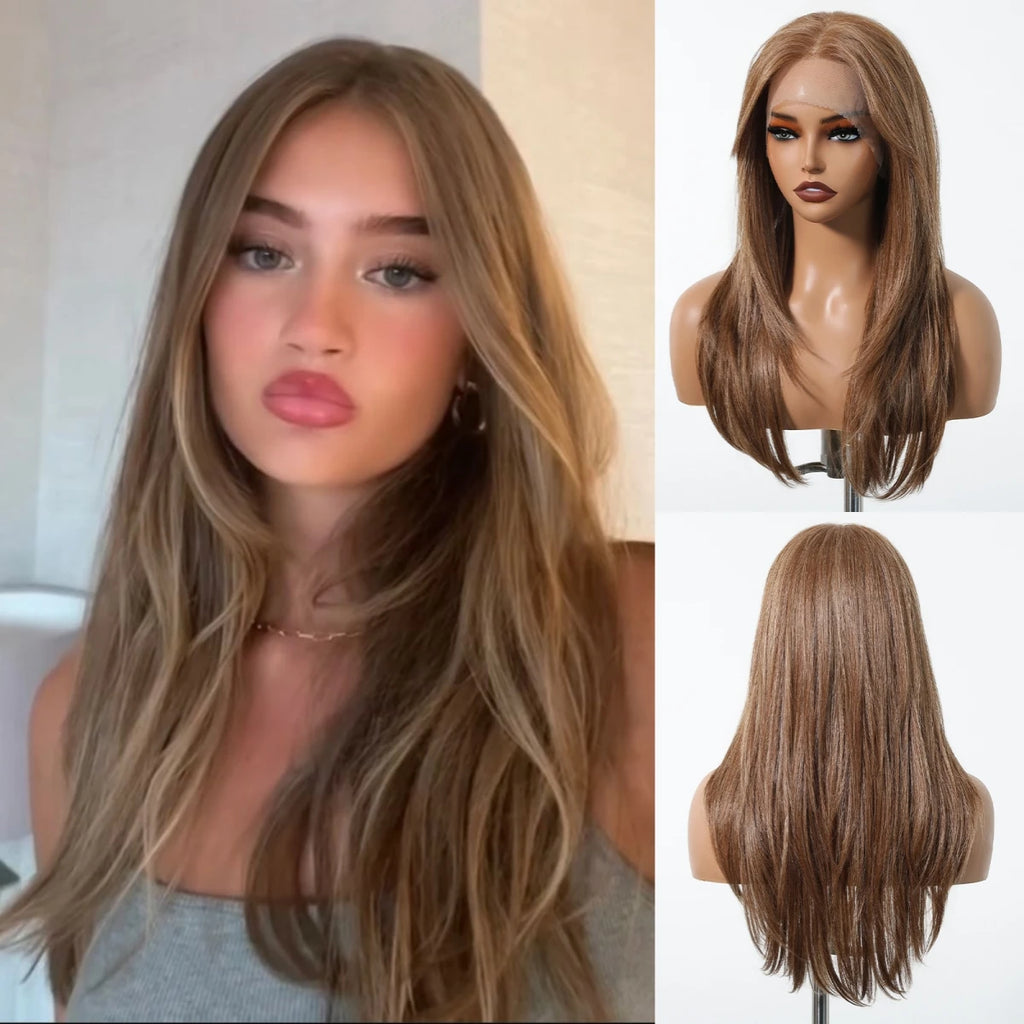 HD 13x6 Lace Frontal Wigs Ombre Brown Synthetic  Hair Long Straight Wigs Daily Use Party Wig for White Women Heat Resistant