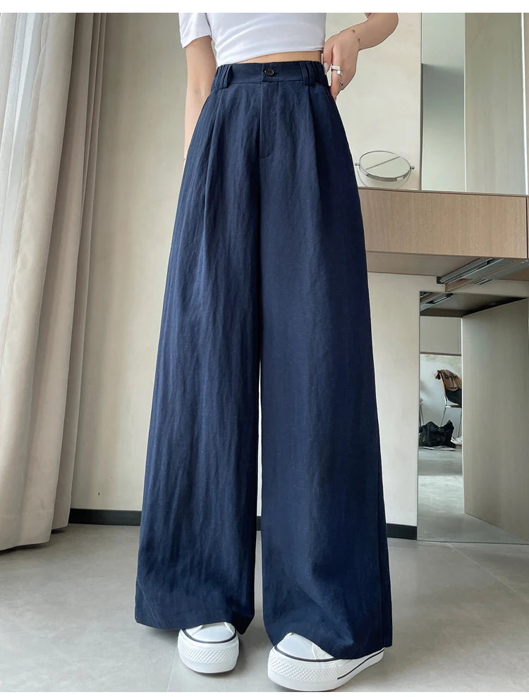 2025 Summer New Cotton and Linen Women's Wide Leg Pants Solid Ice Silk High Waist Straight Casual Loose Suit Trousers Female