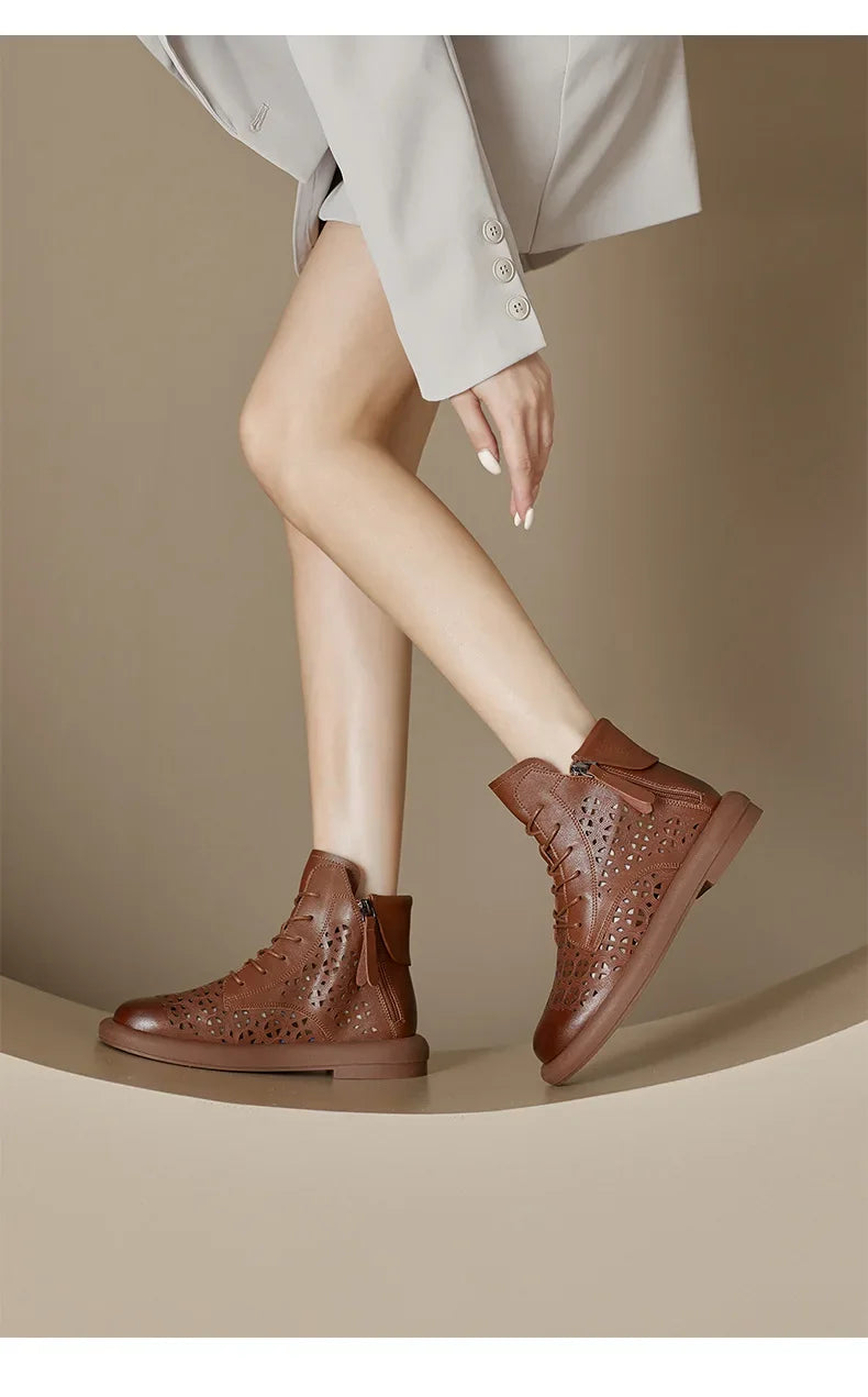 Leather Boots Woman 2025 Retro Leather Hollow Boots for Women Platform-soled Double-side Zipper Casual Short Boots Women's Shoes