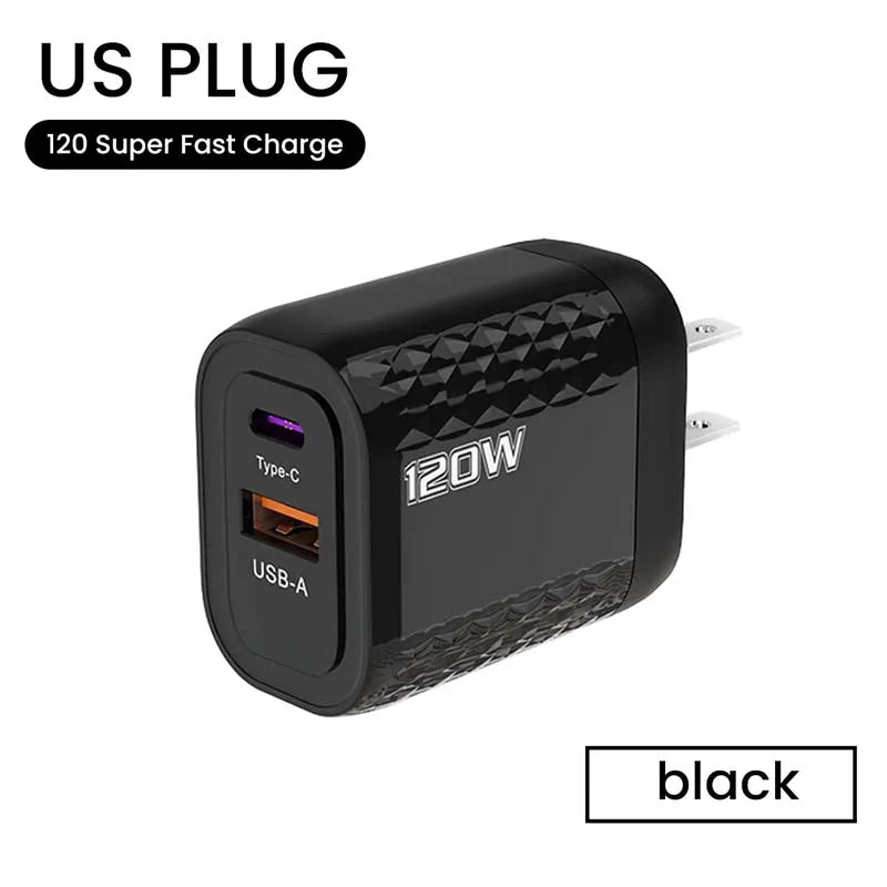 120W Charger USB C Fast Charger For iPhone Xiaomi Samsung Oneplus Phone Adapter 2 Ports QC3.0 Fast Charging PD Charger Adapter