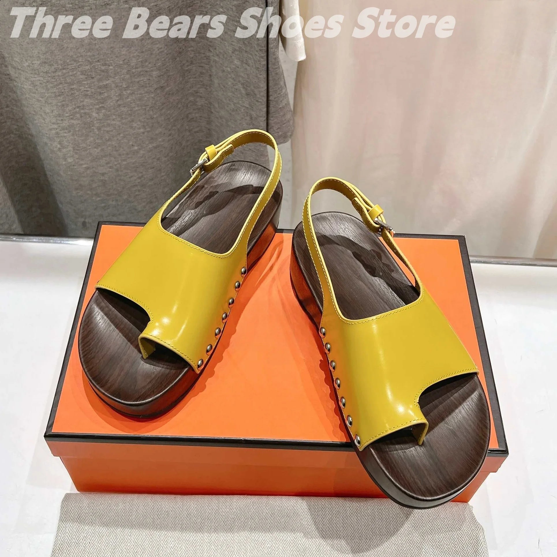 Concise Rivet Cow Leather Sewing Back Strap Flip Flops Woman Sandals Mixed Colors Open-Toes Platform Heels Zapatos Mujer 34-42