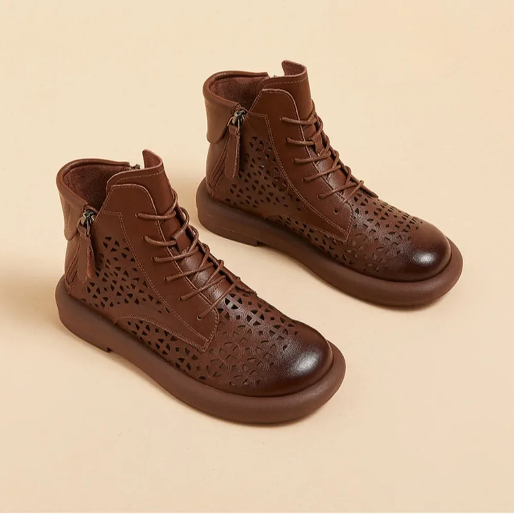 Leather Boots Woman 2025 Retro Leather Hollow Boots for Women Platform-soled Double-side Zipper Casual Short Boots Women's Shoes