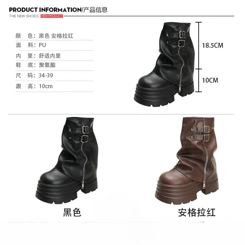 10CM Winter Warm Chunky Short Boots Women High Heels New Mid Calf Leather Sneakers Trend Buckle Motorcycle Boots Fur Snow Shoes