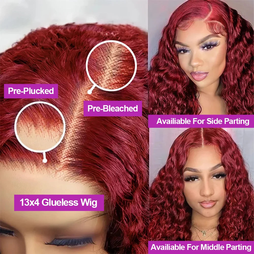 40Inch 99J Burgundy Water Curly 13x4 Glueless Lace Frontal Wig 250% Deep Wave HD Transparent Lace Front Wig Human Hair For Women