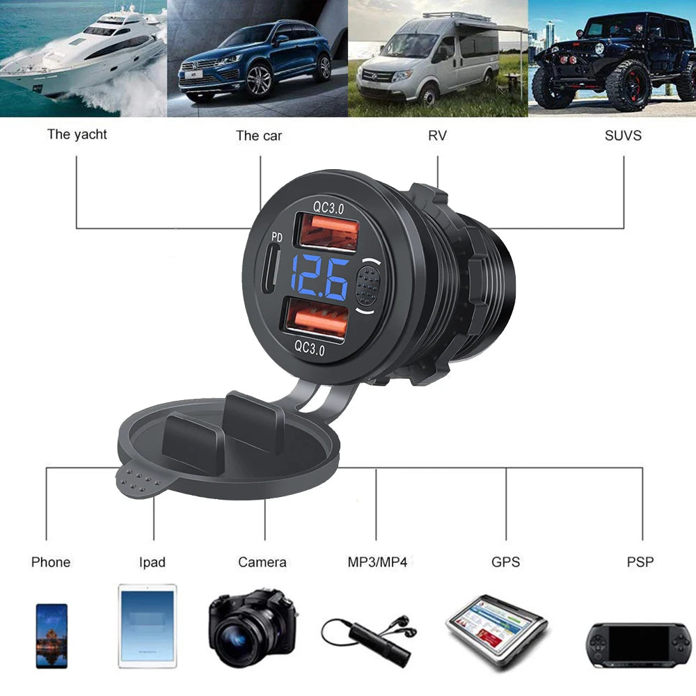 100W USB Outlet Car Charger Dual QC3.0 & PD 3 Ports USB C Socket with Voltmeter Touch Switch for Car Boat Marine Truck RV