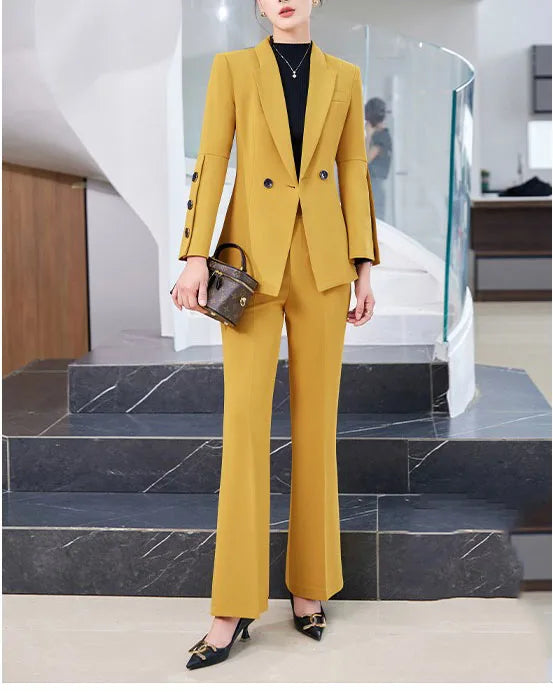 Yitimuceng Slim Blazers for Women 2024 Office Ladies New Fashion Long Sleeve Coats Solid Lapel Double Breasted Pant Suits